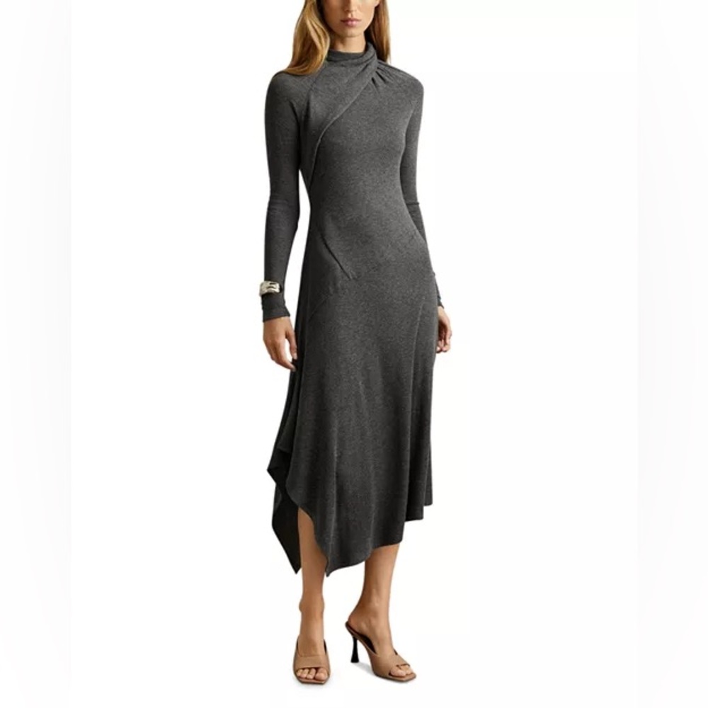 Reiss Catlyn Asymmetrical Stretch-KnitJersey Drape‎ Grey Long Sleeve Midi Dress